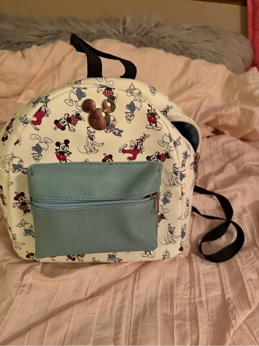 Disney White Mickey Print Kids Backpack with Light Blue Front Pocket